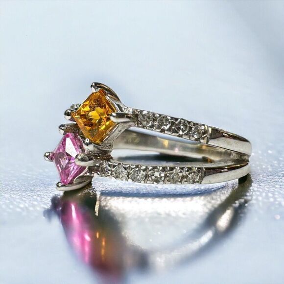 14k White Gold Natural Pink & Orange Sapphire Diamond Ring -Size 5 -3g - Picture 9 of 16